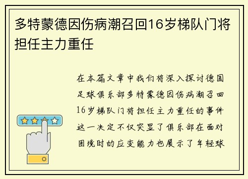 多特蒙德因伤病潮召回16岁梯队门将担任主力重任